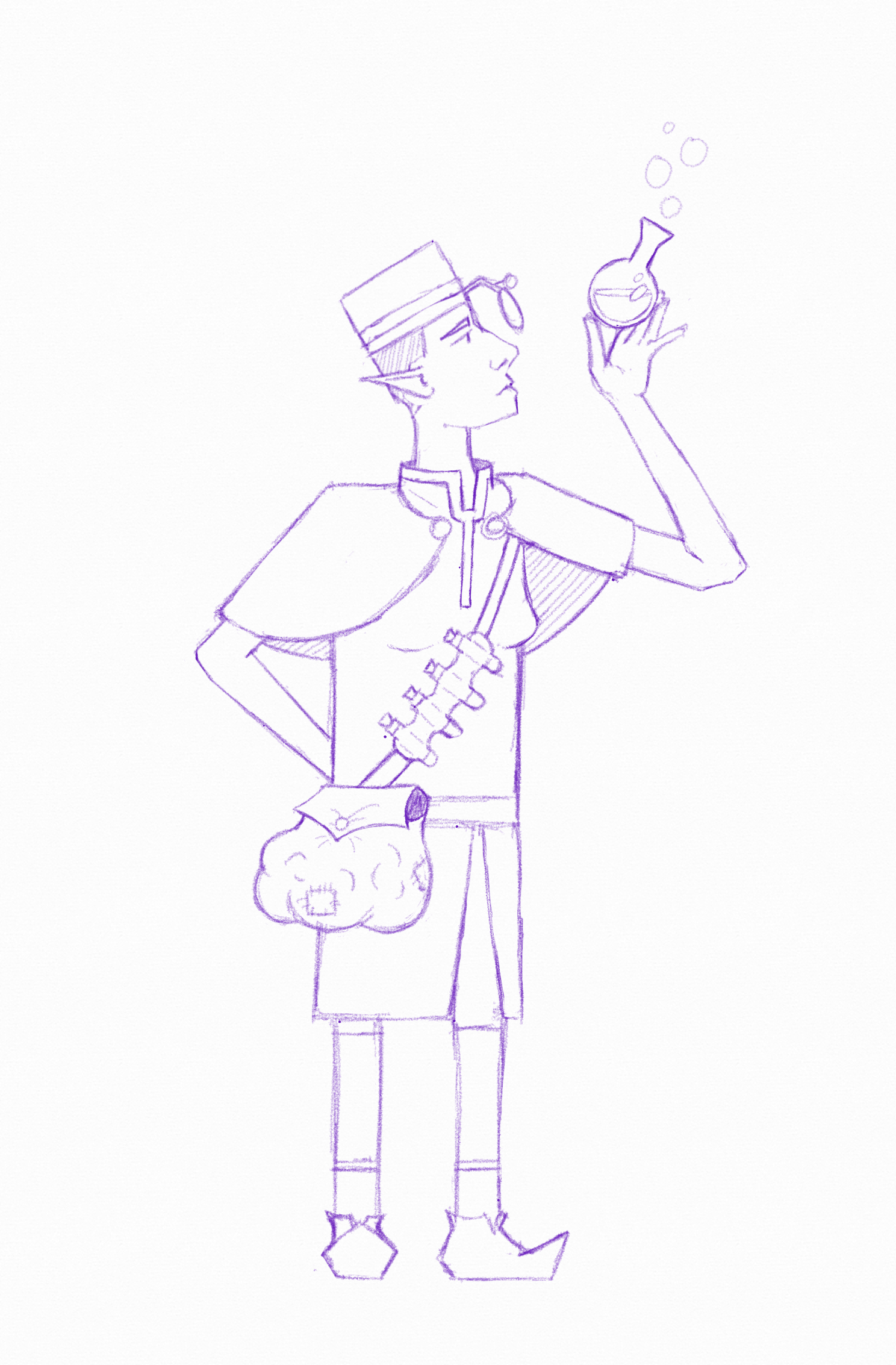 A sketch of a tall, thin, and refined elf examining a potion. Their garb is meticulous except for a bulging and patched bag at their side.